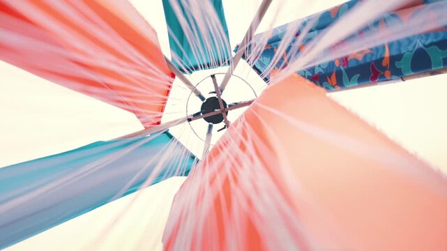 Colorful fabric panels of a beach umbrella sway gently in the breeze, showcasing vibrant patterns and textures against a bright sky in a sunny outdoor setting
