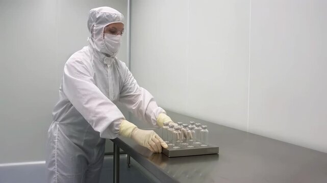 Cleanroom operator placing a tray of glass vials on a steel bench