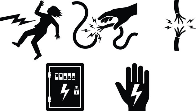 Electrical Shock and Cable Hazard Silhouette Icon Set Featuring Electrocution Accident Broken Wire Panel Box and Lightning Hand Warning Graphics