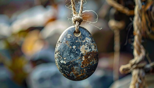 Hag stone amulet hanging from jute rope as a rustic magic protection talisman