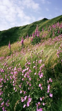 Vibrant meadow filled with campion flowers on a sunny day