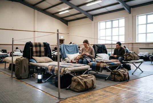 Families and individuals sit inside a large room set up for shelter. They rest on cots with blankets and bags nearby. Some hold children while others