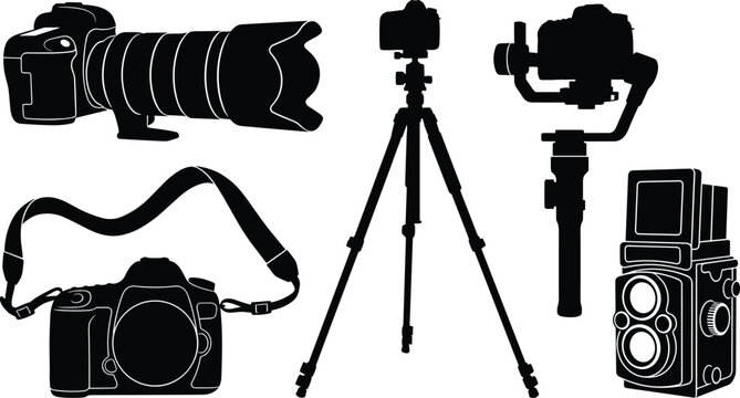 Professional Photography and Videography Equipment Black Silhouette Icon Set with DSLR Cameras, Telephoto Lens, Tripod, Gimbal Stabilizer, and Vintage Twin Lens Camera