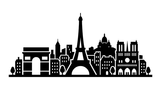 Stylized black silhouette illustration of Paris featuring iconic landmarks including the Eiffel Tower, Arc de Triomphe, Sacr&eacute;-C&oelig;ur, and Notre-Dame Cathedral combined into a single artistic skyline com