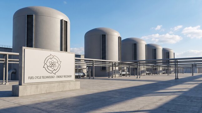 Modern nuclear reprocessing facility with storage tanks and recycling center sign in industrial complex