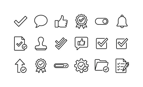 Yes Approval Message Symbols, line icon set featuring check mark, speech bubble, thumbs-up symbol, confirmation badge, toggle switch, notification bell, document check, approval stamp shape, covering