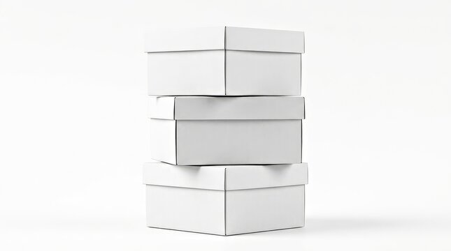 Three White Cardboard Boxes Stacked on a Plain White Background