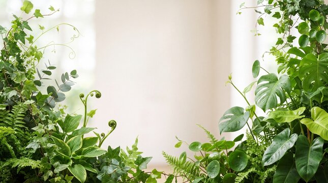 Vibrant green tropical houseplants framing a bright blurred interior background