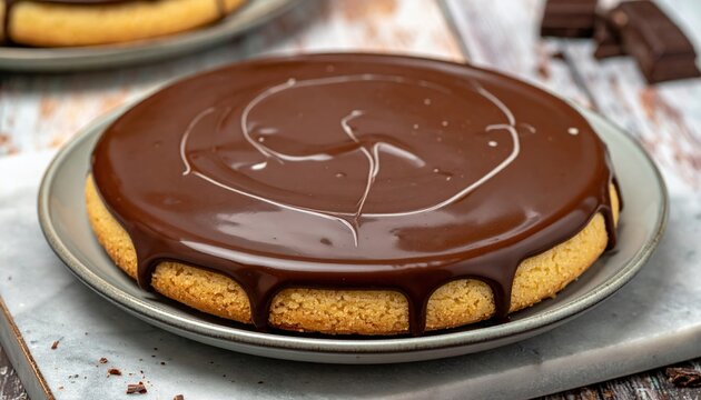 Round sugar cookie topped with smooth dark chocolate icing glaze