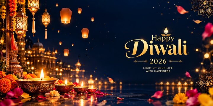 Happy Diwali 2026 celebration digital illustration with glowing diyas and floating lanterns