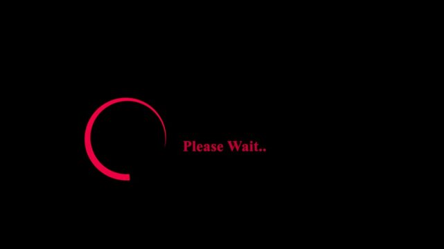 Red loading circle with please wait text on dark background