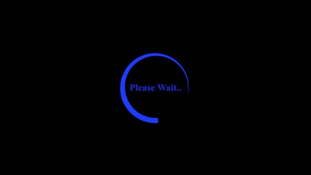 Blue loading spinner with please wait text on dark background