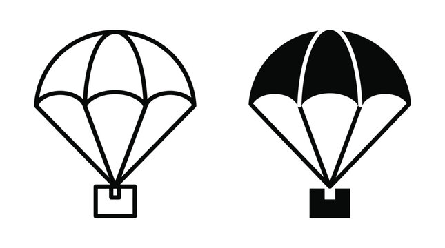 Parachute delivery icons featuring minimal vector graphic shapes for logistics shipping and fast courier package transport