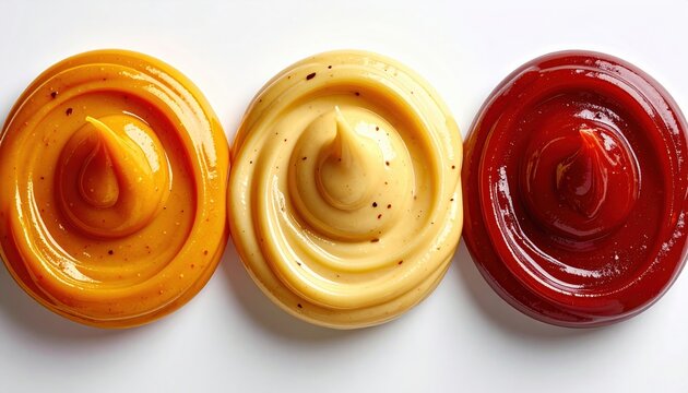 Three classic condiment sauce swirls with smooth textures and varied savory colors