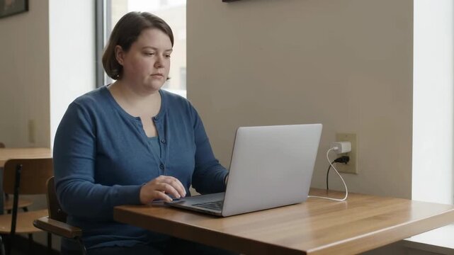Woman Adjusts Chair While Sitting at Table with Laptop