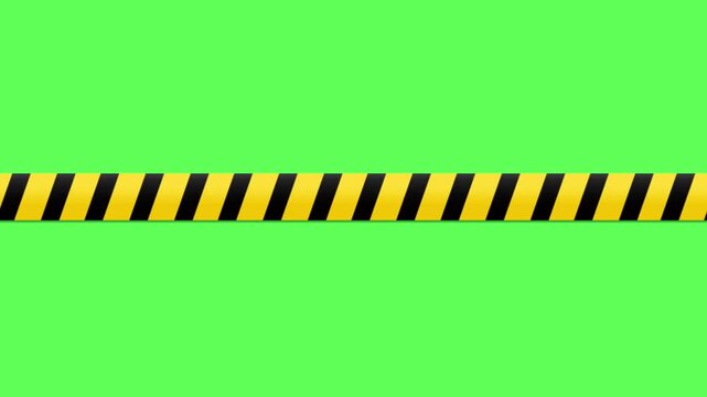 Flat vector animated horizontal yellow and black striped hazard warning tape moving continuously against a green screen background