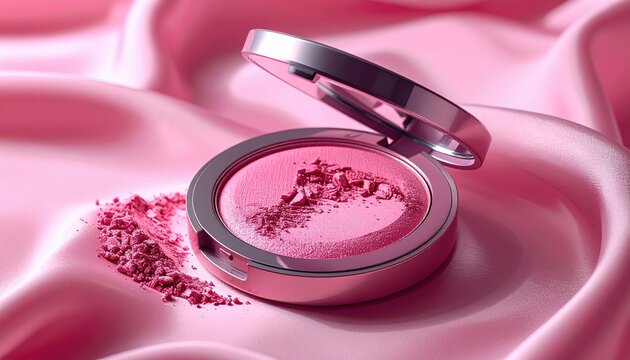 Pink pressed powder blush makeup compact with elegant cosmetic packaging
