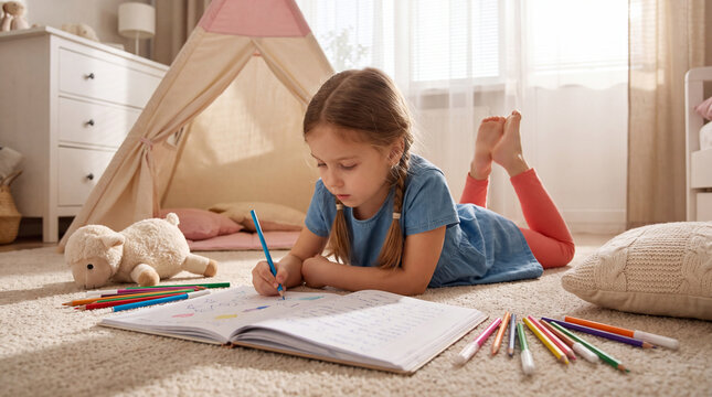 Young girl drawing in notebook with colored pencils while lying on carpet beside indoor play tent in cozy bedroom