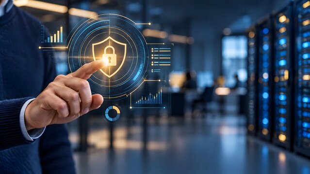 IT professional interacting with glowing digital shield and padlock hologram to secure server network and protect corporate data