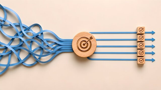 Conceptual design of tangled lines becoming organized straight arrows indicating strategic alignment and process simplification
