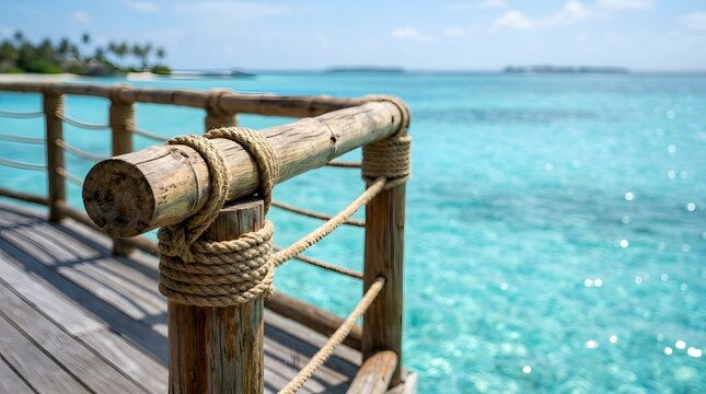 Bamboo deck railing overlooking tropical turquoise sea.