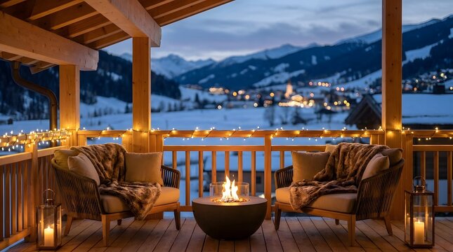 Cozy balcony terrace with fire pit and mountain view in winter.