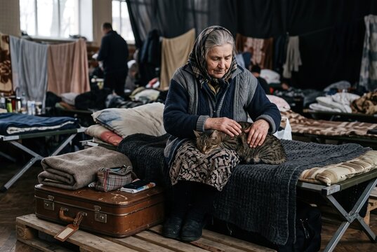An elderly woman sits on a makeshift bed in a shelter. She gently strokes a cat while surrounded by other displaced people. Blankets and personal