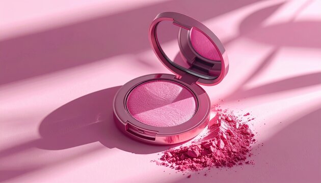 Pink pressed powder blush makeup compact with elegant cosmetic packaging