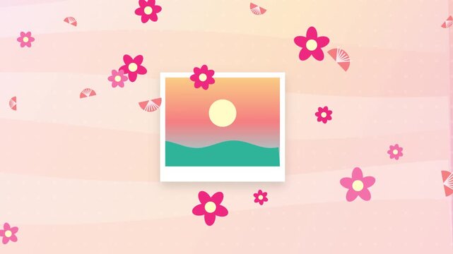 Animated photo frame with floating pink flowers and sun over hills sunset landscape summer scene nature background graphic design floral
