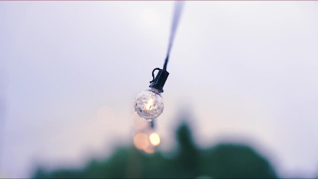 Decorative string lights glowing softly against a blurred outdoor background, creating a warm ambiance reminiscent of a Woodstock-style gathering in nature