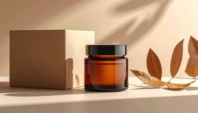 Amber glass cosmetic jar beside matching box with premium skincare packaging