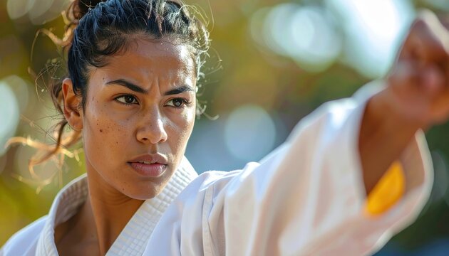 Martial arts fighter performing a powerful high kick, karate action