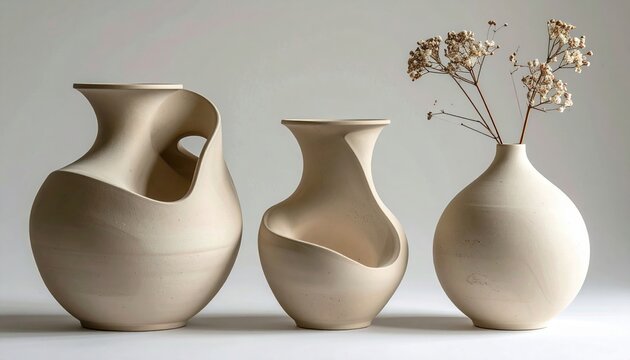 Set of three modern beige ceramic vases with minimalist shapes