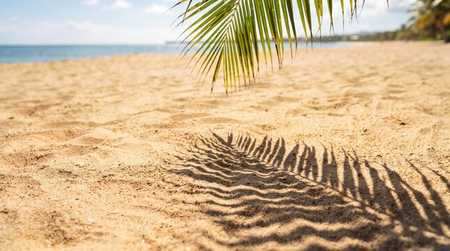 Sunny tropical beach sand with palm leaf shadow casting on golden coastline