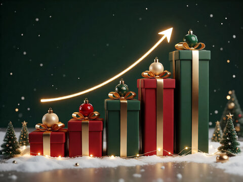 Christmas gifts growth chart with rising glowing financial arrow showing increased holiday sales and seasonal business profit progress on dark green background