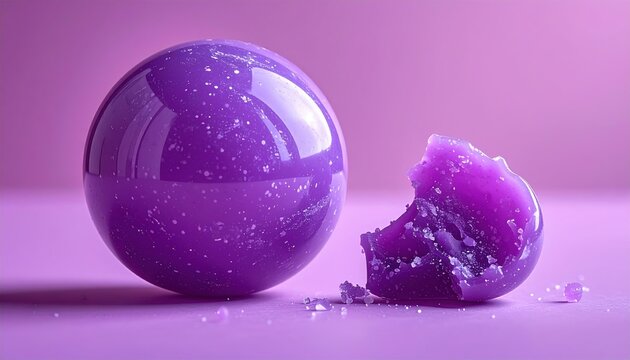 Purple bubblegum sphere beside a chewed piece with playful candy texture