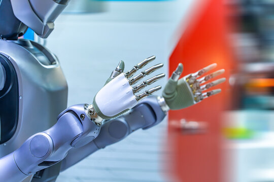 Artificial robotic hand at the presentation of robotics.Creation of artificial intelligence