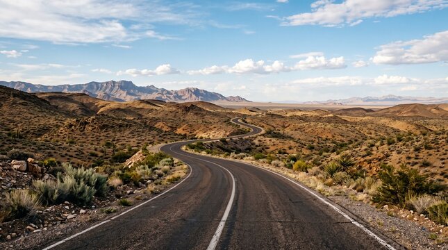 An empty winding road leading through a desert landscape