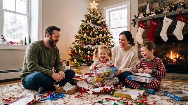 A happy family opening presents around a decorated tree