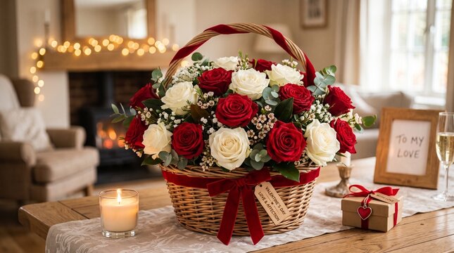 A basket with red and white roses for Valentines Day