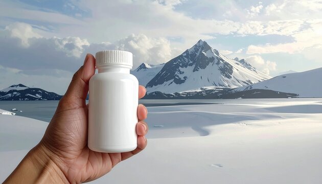 Blank white plastic medicine bottle held in hand for pharmaceutical packaging concepts