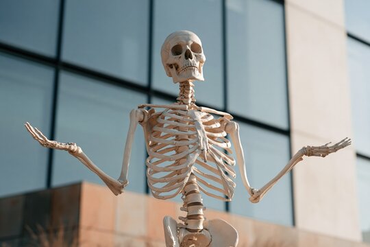 Three quarter human skeleton model posed with open arms for halloween display and anatomy reference in front of modern architecture