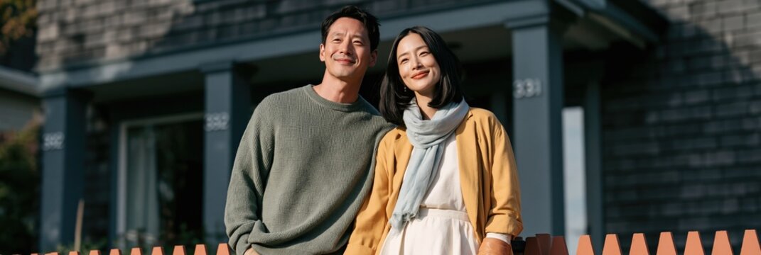 Smiling couple standing by a picket fence in front of a suburban house lifestyle portrait for family home background and property listing