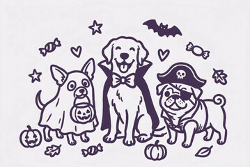 Fototapeta premium Cute Halloween Dogs in Costumes Line Art Illustration of Golden Retriever Pug and Chihuahua