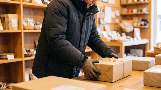 A man packs a cardboard parcel at a wooden counter. He wears protective gloves while securing the box with twine. Local business shipping and order fulfillment drive efficient commerce.