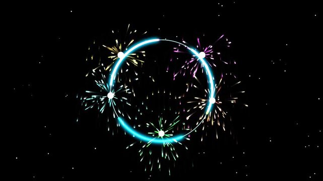 Neon circle frame with colorful fireworks on black background