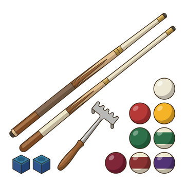 Billiard Pool Cues, Balls, Chalk, and Rack - Game Equipment Set
