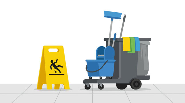 Cleaning cart with mop, bucket, and wet floor sign on tiled surface