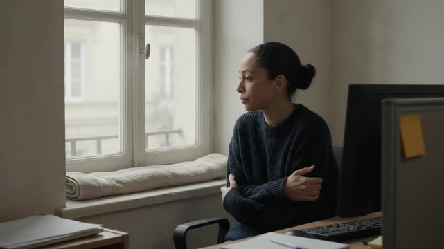 Woman Sitting At An Office Desk Shivering And Crossing Arms In The Cold