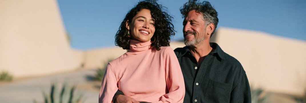 Smiling couple outdoors in front of modern home with desert plants for lifestyle background and sunny casual portrait